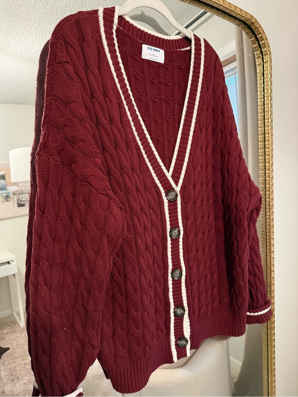 Old Navy Burgundy Cable-Knit Cardigan with Cream Trim
